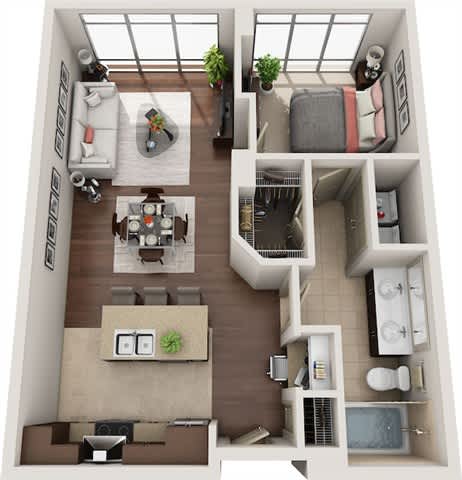 A 3D floor plan of a small apartment with a living room, kitchen, and bedroom.