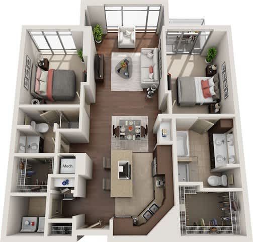 A 3D floor plan of a small apartment with a kitchen, living room, and bedroom.