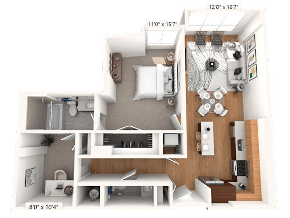 A 3D floor plan of a house with dimensions and a layout of rooms.