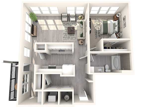 A top-down view of a small, modern apartment with a kitchen, living room, and bathroom.