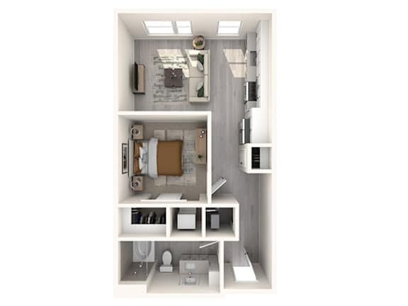 A white interior design of a small apartment with a kitchen, living room, and bathroom.