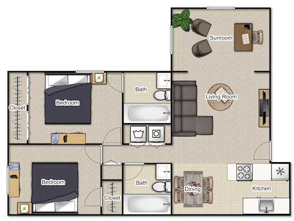 A floor plan of a house with two bedrooms, a living room, a dining room, a kitchen, a bathroom, and a sunroom.