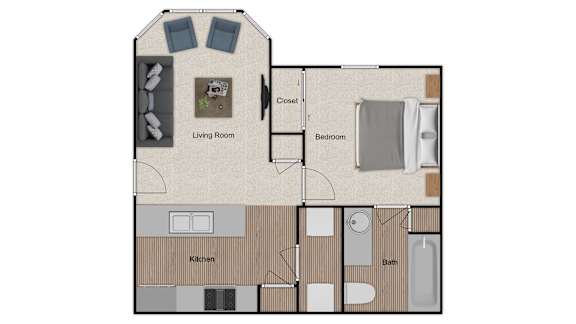 A floor plan of a small apartment with a living room, kitchen, bathroom and bedroom.