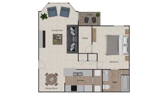 A floor plan of a house with a living room, dining room, kitchen, bathroom and bedroom.