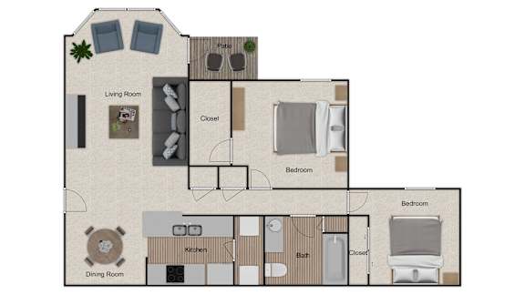 A floor plan of a house with a living room, two bedrooms, a kitchen, a bathroom, a dining room, and a closet.