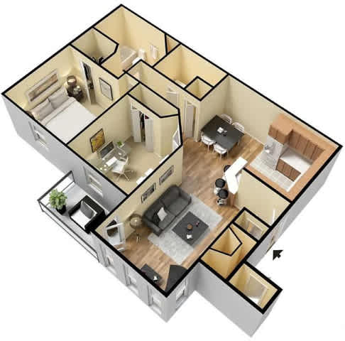 A 3D floor plan of a house with multiple rooms.