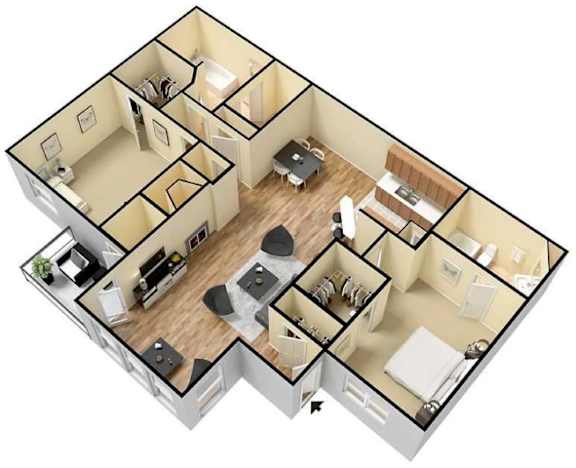 A 3D floor plan of a house with a kitchen, living room, and bedrooms.