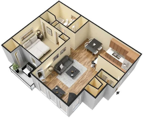 A 3D floor plan of a small apartment with a living room, kitchen, and bedroom.