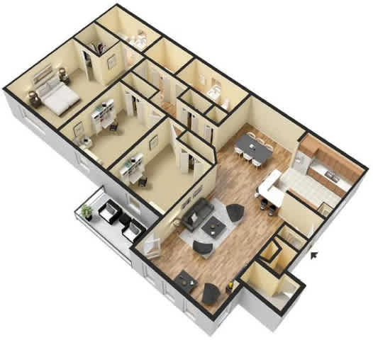 A 3D floor plan of a house with multiple rooms.