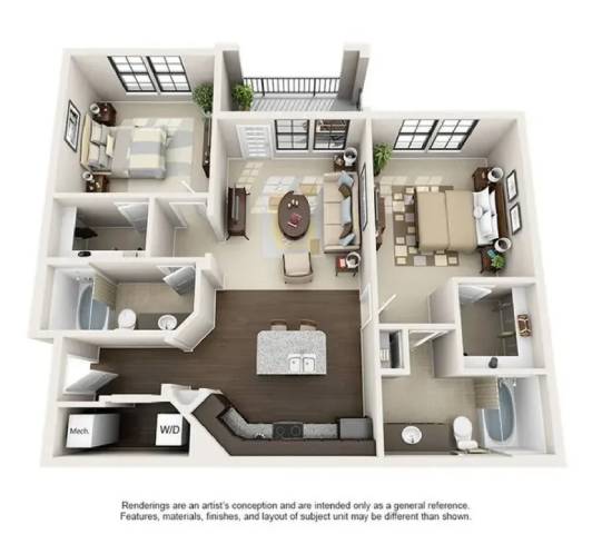 A 3D floor plan of a house with labeled rooms.