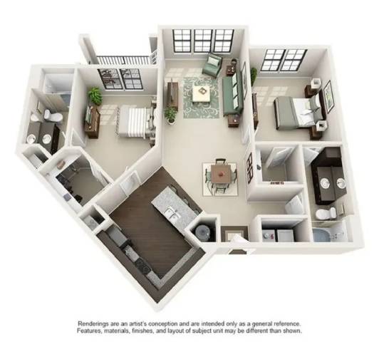 A 3D floor plan of a house with a kitchen, living room, dining room, and bedrooms.