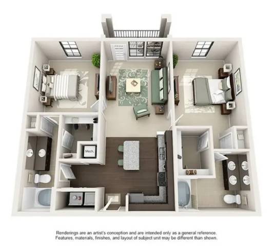A 3D floor plan of a house with a kitchen, living room, and two bedrooms.