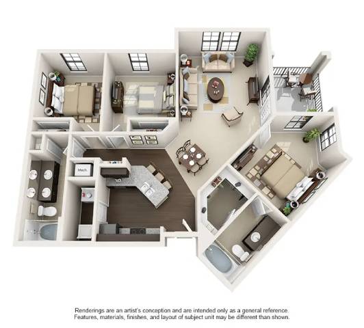 A drawing of a house with a kitchen, living room, and bedrooms.