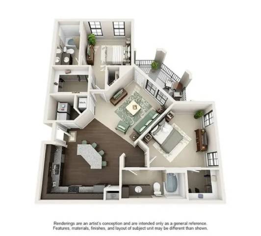 A drawing of a house with a kitchen, living room, and dining room.