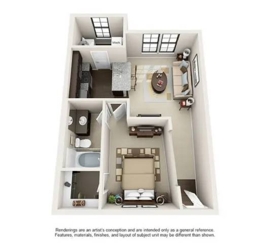 A drawing of a house with a kitchen, living room, and two bedrooms.
