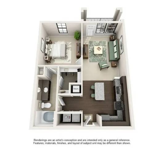 A drawing of a house layout with a kitchen, living room, and bathroom.