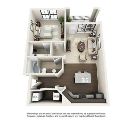 A floor plan of a small apartment with a kitchen, living room, and bathroom.