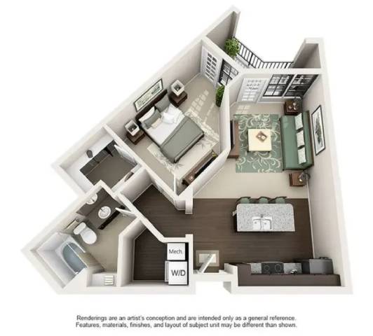 A drawing of a house layout with a kitchen, living room, and bathroom.