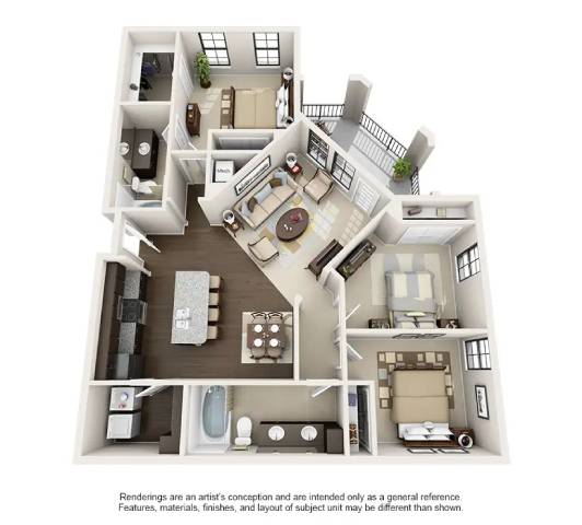 A 3D floor plan of a house with a kitchen, living room, and bedrooms.