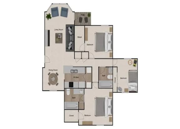 A floor plan of a house with a living room, dining room, kitchen, and two bedrooms.