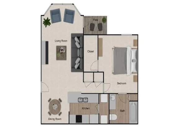A floor plan of a house with a living room, bedroom, kitchen, and dining room.