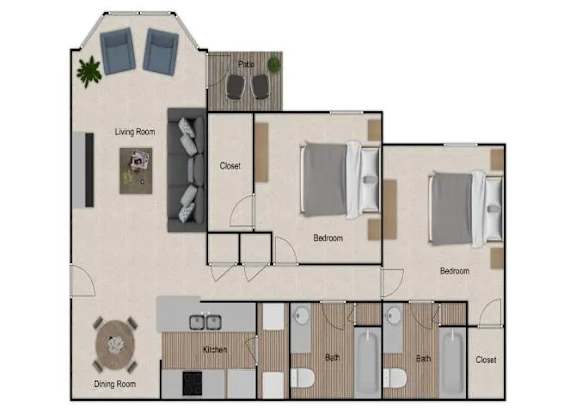 A floor plan of a house with a living room, two bedrooms, a kitchen, a bathroom, and a dining room.