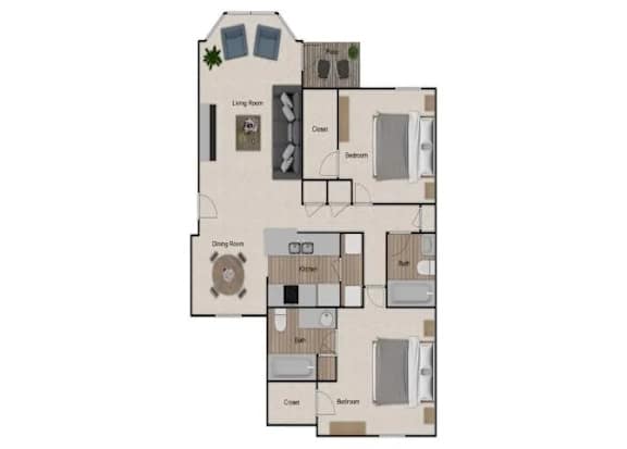 A floor plan of a house with a living room, dining room, kitchen, and two bedrooms.