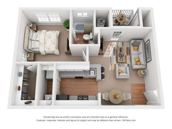 A 3D floor plan of a small apartment with a kitchen, living room, and bedroom.