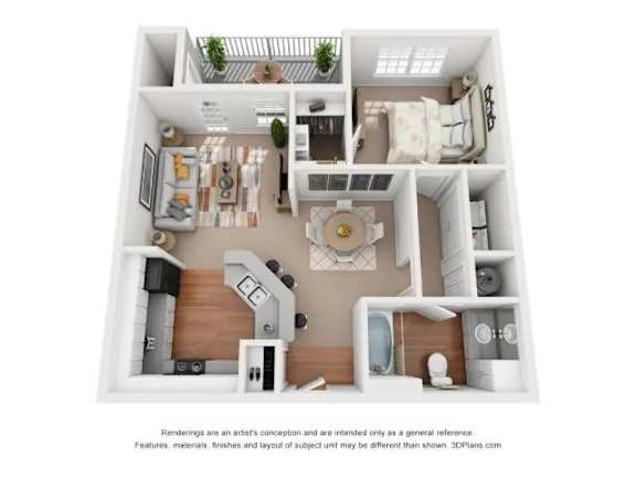 A 3D floor plan of a small apartment with a kitchen, living room, and bathroom.