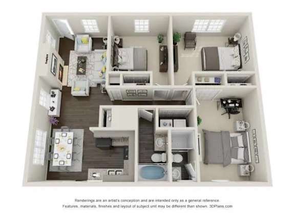 A 3D floor plan of a house with a kitchen, living room, and bathroom.