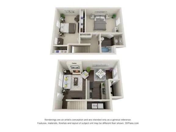 Two images of a dollhouse living room and kitchen.