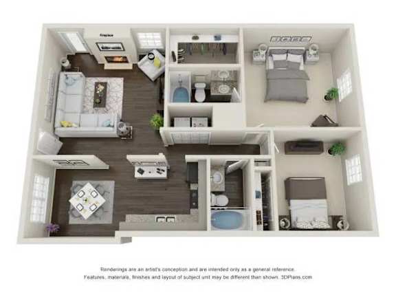 A 3D floor plan of a small apartment with a kitchen, living room, bedroom, and bathroom.