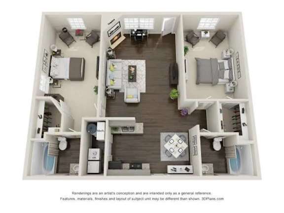 A 3D floor plan of a house with a kitchen, living room, dining room, and two bedrooms.