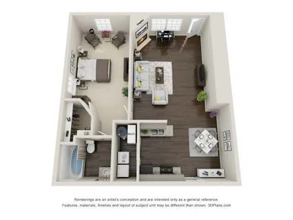A 3D floor plan of a small apartment with a kitchen, living room, and bathroom.