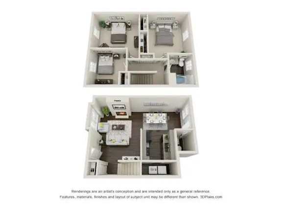 A 3D floor plan of a house with two bedrooms, a living room, a kitchen, and a bathroom.
