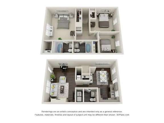 A floor plan of a small apartment with two bedrooms and a living room.