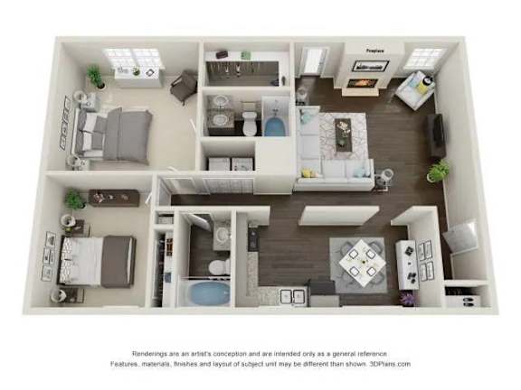 A 3D floor plan of a house with a kitchen, living room, and two bedrooms.
