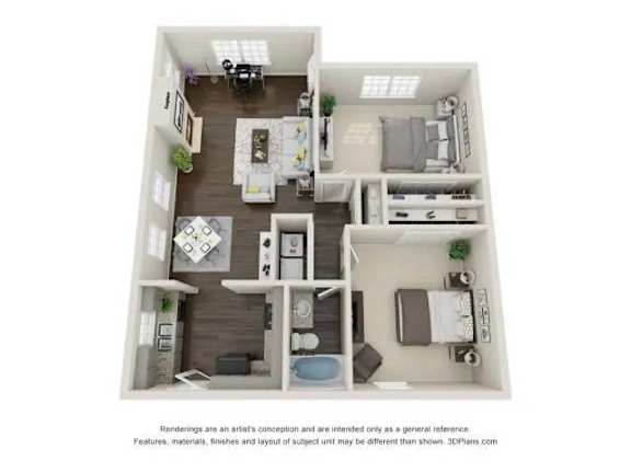A floor plan of a small apartment with a kitchen, living room, and bedroom.