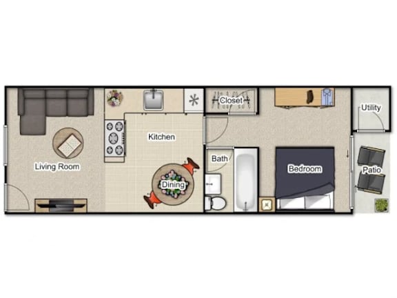 A floor plan of a small apartment with a living room, kitchen, dining area, bedroom, and bathroom.