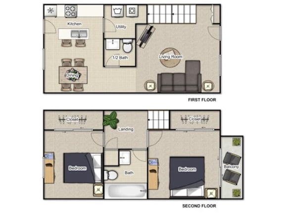 A floor plan of a two-story apartment with two bedrooms, a living room, a dining room, a kitchen, a bathroom, a utility room, and a balcony.