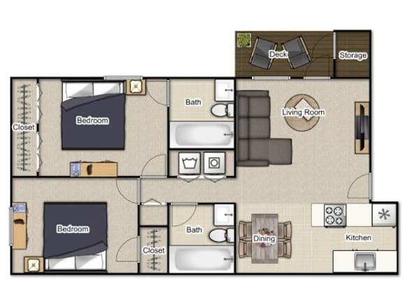 A floor plan of a house with two bedrooms, a living room, a dining room, a kitchen, a bathroom, and a deck.