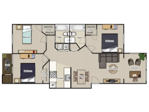 A floor plan of an apartment with two bedrooms, a living room, a kitchen, a bathroom, and a dining area.