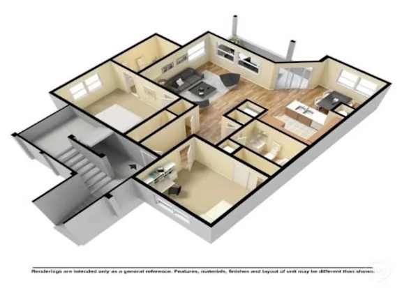 A 3D rendered image of a house layout.