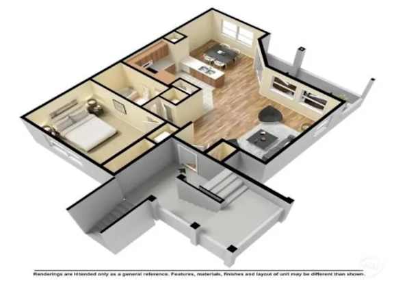 A 3D floor plan of a house with a kitchen, living room, dining room, and bedrooms.