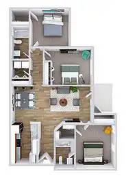 A 3D floor plan of a house with a kitchen, living room, and two bedrooms.