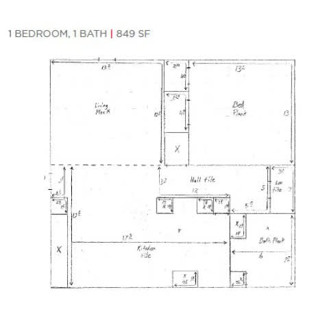 A floor plan of a 1 bedroom, 1 bath property with an area of 849 square feet.