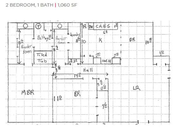 A floor plan of a 2 bedroom, 1 bath home with a living room, dining room, kitchen, and laundry area.