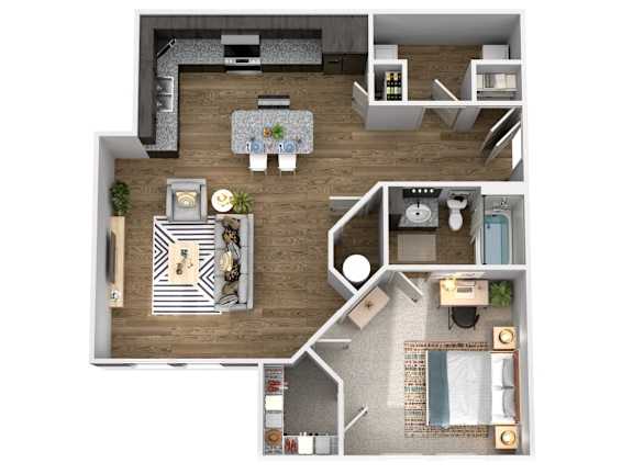 A top-down view of a house layout with a living room, kitchen, and bathroom.
