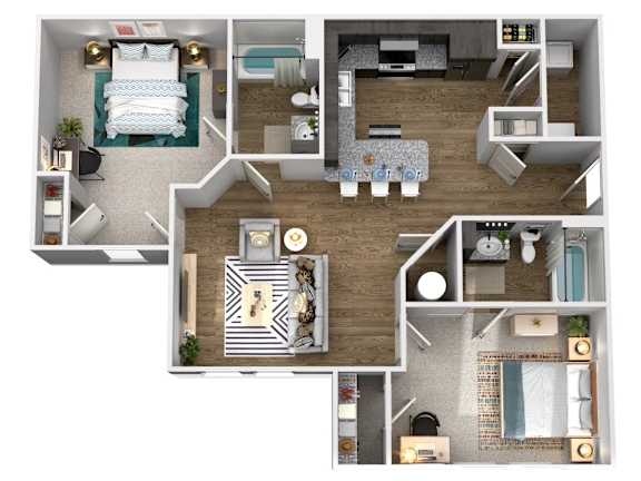 A top-down view of a small apartment layout with a bedroom, living room, kitchen, and bathroom.