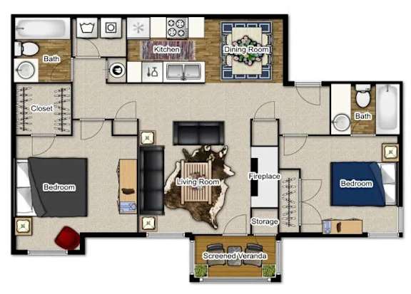 A floor plan of a house with a living room, dining room, kitchen, two bedrooms, a bathroom, a closet, a fireplace, and a screened veranda.